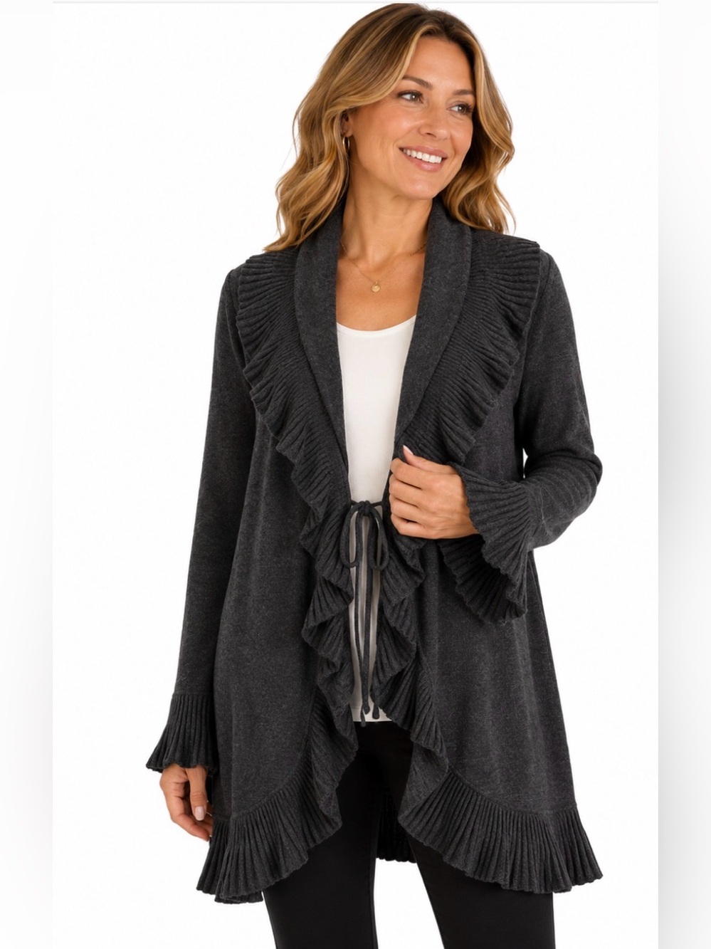 St. John Collection Charcoal Grey Ruffle-Trim Cardigan